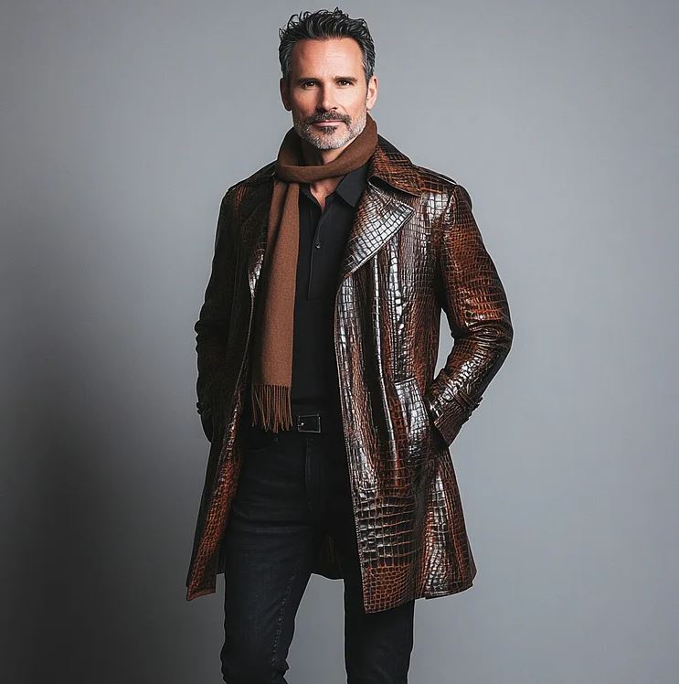 Men's PU Leather Alligator Pattern Lapel Collar Pocket Overcoat