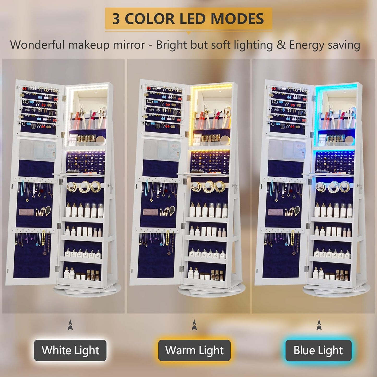 LED Mirror 360° Rotating Jewelry Cabinet