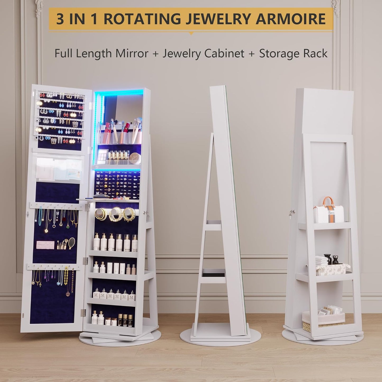 LED Mirror 360° Rotating Jewelry Cabinet